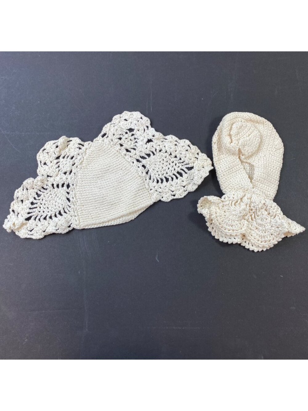 Vintage Handmade Crochet Cotton Baby Bonnet & Bib Set